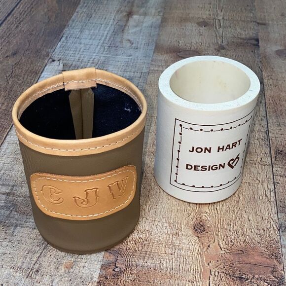 JON HART COOL IT KOOZIE INSULATED COLD DRINK HOLDER “CJV” Tan Leather Trim - Picture 7 of 13